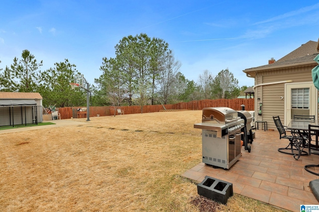 view of yard featuring a patio, outdoor dining area, and a fenced backyard