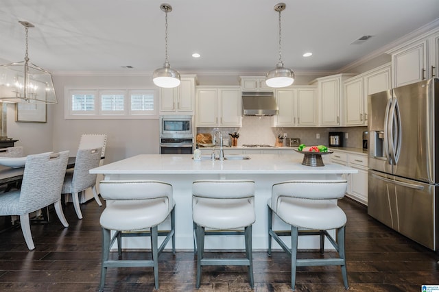 kitchen featuring under cabinet range hood, crown molding, stainless steel appliances, and a sink