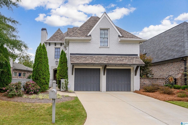 view of front facade with concrete driveway, a chimney, an attached garage, fence, and brick siding