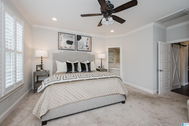 bedroom featuring visible vents, crown molding, carpet flooring, and multiple windows