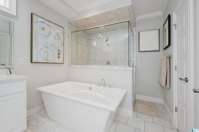 bathroom with a freestanding tub, crown molding, a shower stall, and vanity