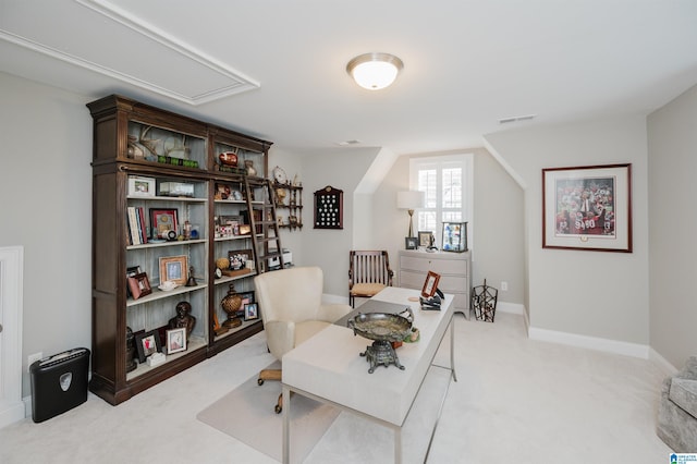 office featuring baseboards, visible vents, and carpet flooring