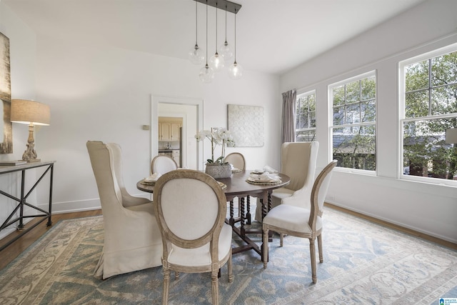 dining space with baseboards and wood finished floors