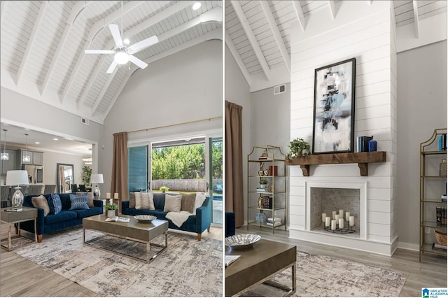 living area featuring high vaulted ceiling, a large fireplace, wood finished floors, visible vents, and beamed ceiling