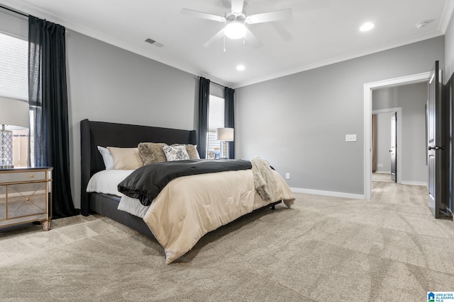 bedroom featuring ornamental molding, visible vents, carpet floors, and baseboards