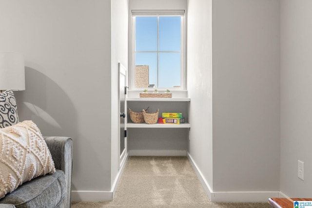 sitting room featuring carpet floors and baseboards