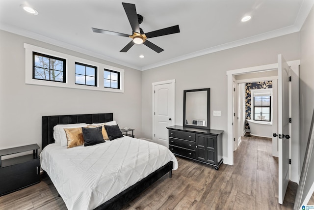 1165 Cedar Creek Dr, Sylacauga, AL 35151 - bedroom with crown molding, recessed lighting, ceiling fan, wood finished floors, and baseboards