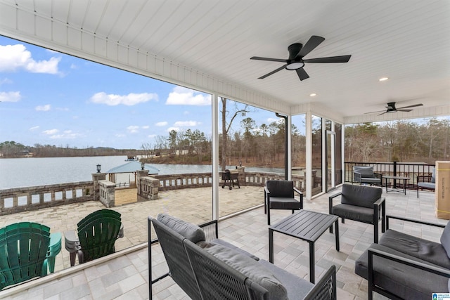 1165 Cedar Creek Dr, Sylacauga, AL 35151 - view of patio with ceiling fan, outdoor dining space, outdoor lounge area, and a water view