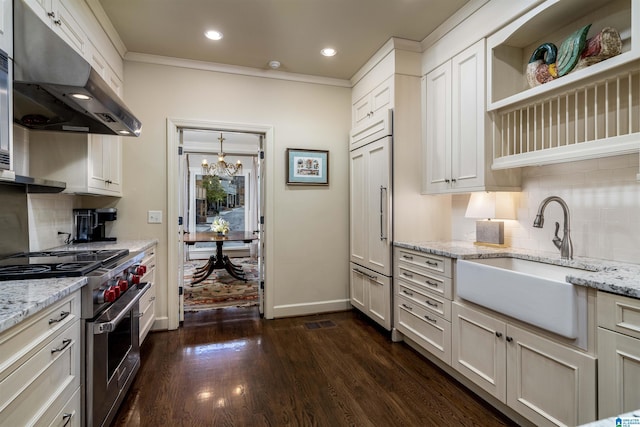 kitchen with light stone countertops, a sink, dark wood-type flooring, under cabinet range hood, and high end stainless steel range