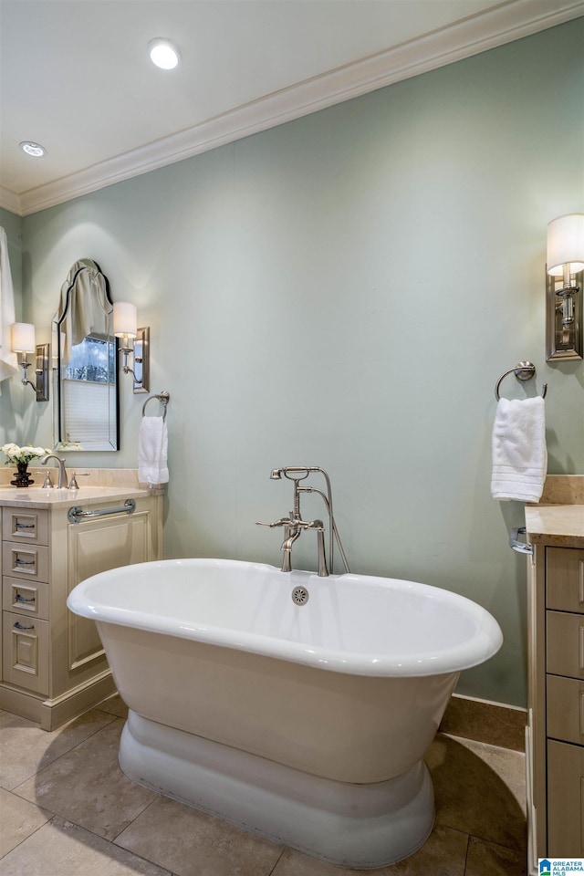 bathroom featuring recessed lighting, a soaking tub, vanity, and crown molding