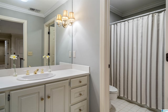 full bath featuring tile patterned floors, visible vents, toilet, and ornamental molding