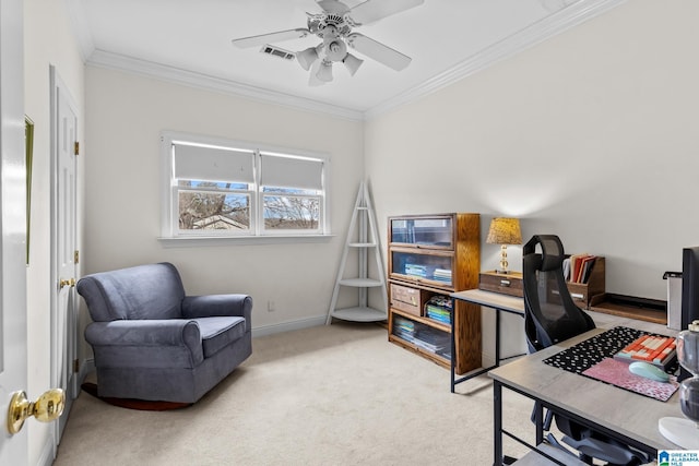 office with ceiling fan, carpet flooring, visible vents, baseboards, and ornamental molding