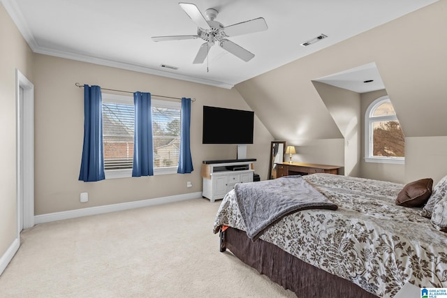 bedroom with lofted ceiling, carpet, visible vents, and baseboards