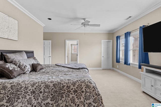 bedroom featuring baseboards, visible vents, a ceiling fan, light colored carpet, and ornamental molding