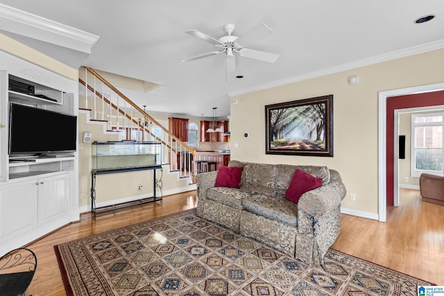 living area featuring baseboards, ceiling fan, stairway, wood finished floors, and crown molding