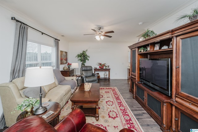 living area featuring a ceiling fan, crown molding, and wood finished floors