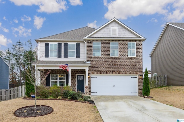 craftsman house featuring driveway, a garage, roof with shingles, fence, and brick siding