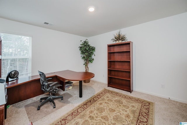 office space featuring baseboards, visible vents, carpet flooring, and recessed lighting