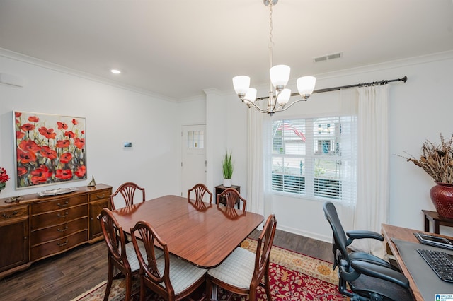 dining area with visible vents, a chandelier, dark wood-style flooring, and ornamental molding