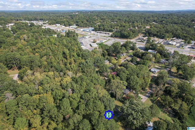 birds eye view of property featuring a wooded view