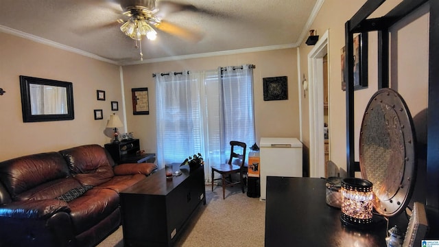 living room with light carpet, ceiling fan, ornamental molding, and a textured ceiling