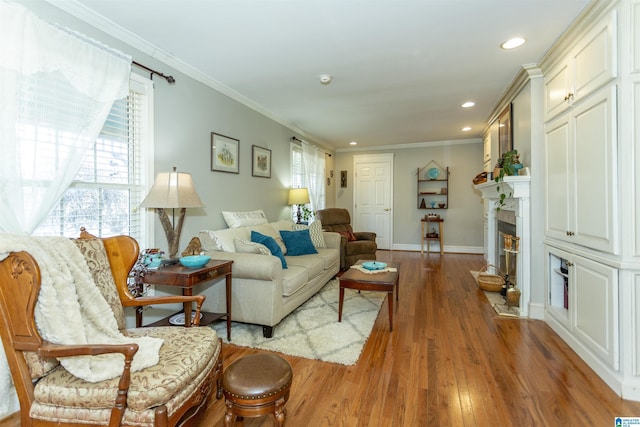 living room with crown molding, a fireplace, wood finished floors, and a healthy amount of sunlight