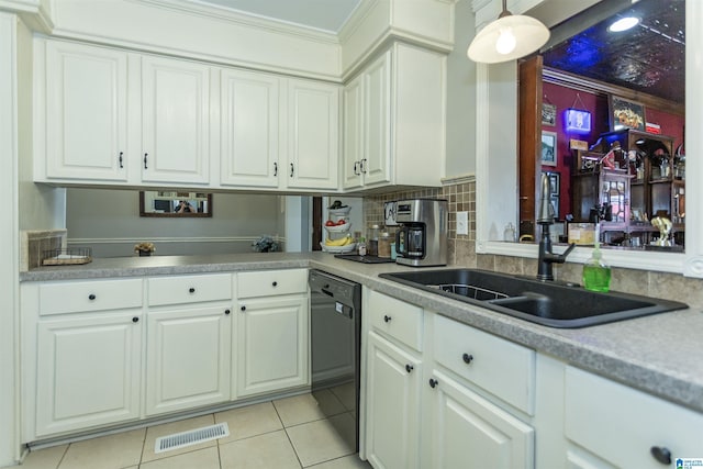 kitchen featuring white cabinets, visible vents, dishwasher, and a sink