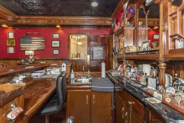 bar featuring a wainscoted wall, indoor bar, a sink, an ornate ceiling, and crown molding