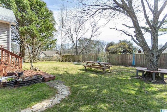 view of yard with a fenced backyard and a wooden deck