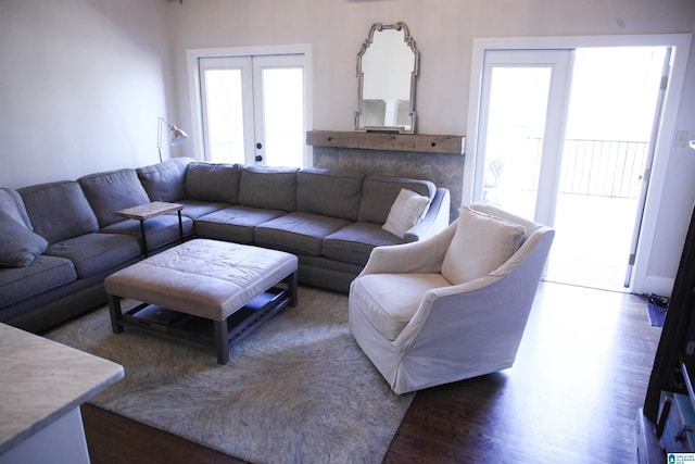 living room featuring french doors and dark wood-style flooring