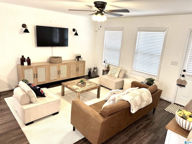 living area with wood finished floors, a ceiling fan, and baseboards