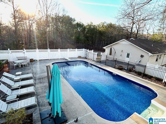 view of swimming pool with a fenced backyard, a diving board, a fenced in pool, and a patio