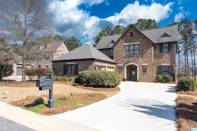 traditional home with concrete driveway, brick siding, an attached garage, and a shingled roof