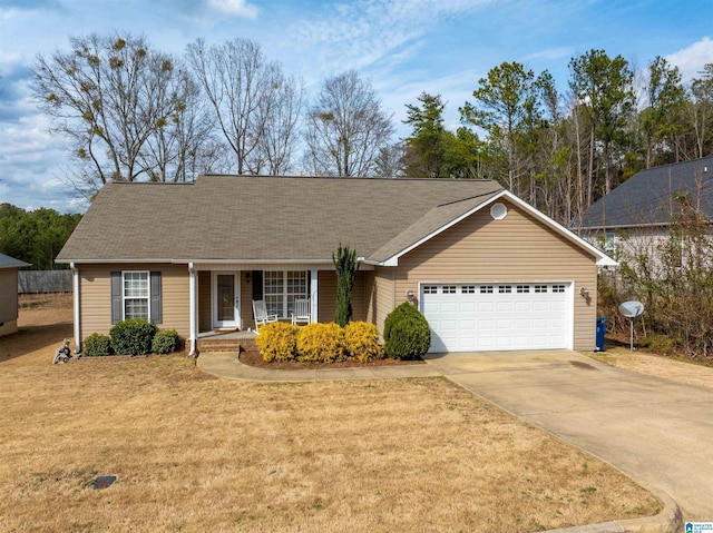 ranch-style house with a porch, a garage, driveway, and a front lawn