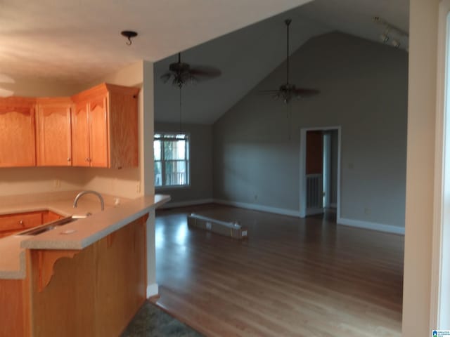 kitchen with light countertops, open floor plan, ceiling fan, wood finished floors, and a peninsula