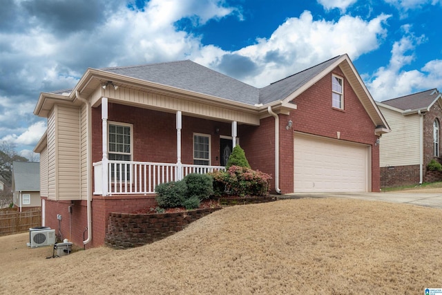 single story home with covered porch, driveway, brick siding, and ac unit