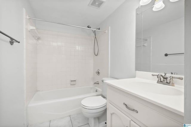 bathroom featuring toilet, shower / bath combination, visible vents, and vanity