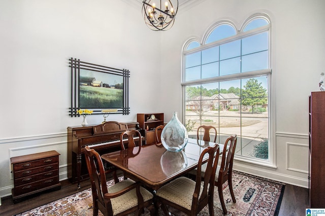 dining area with a chandelier, wood finished floors, a towering ceiling, ornamental molding, and wainscoting