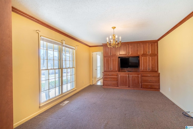 unfurnished living room featuring an inviting chandelier, plenty of natural light, visible vents, and crown molding