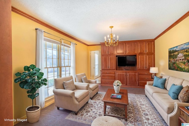 living room with a chandelier, ornamental molding, and a textured ceiling