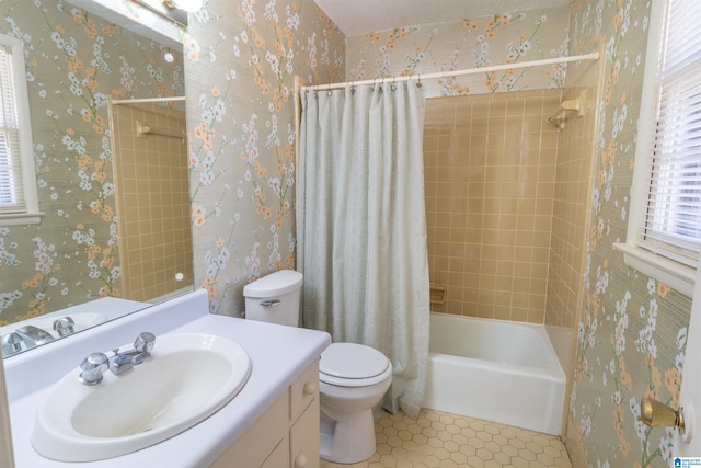 bathroom featuring wallpapered walls, toilet, tile patterned floors, shower / bathtub combination with curtain, and vanity