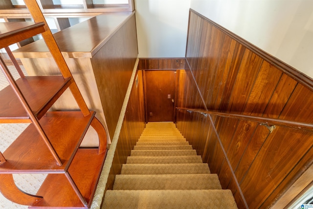 staircase with wainscoting and wooden walls