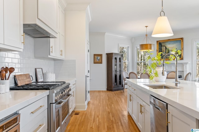 kitchen with a sink, appliances with stainless steel finishes, crown molding, light countertops, and extractor fan