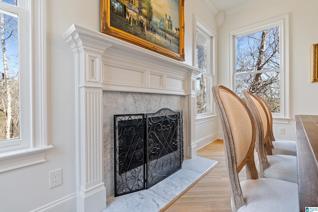 interior space with a wealth of natural light, light wood-type flooring, ornamental molding, and a fireplace