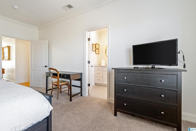 bedroom featuring crown molding, light colored carpet, visible vents, and baseboards