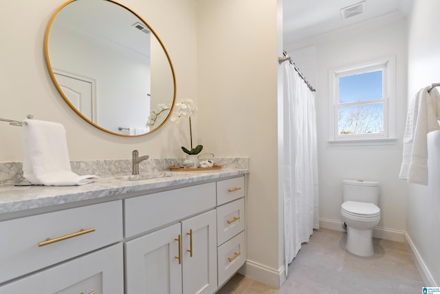 full bathroom with vanity, toilet, baseboards, and visible vents