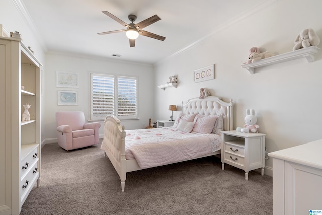 bedroom featuring visible vents, ceiling fan, carpet, and ornamental molding