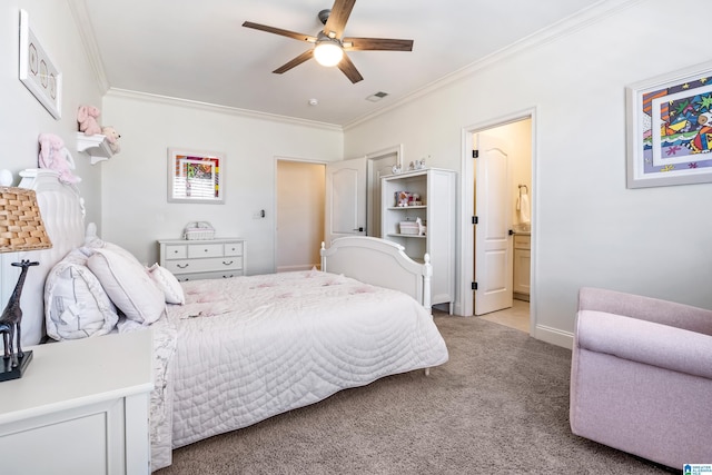 bedroom featuring visible vents, light carpet, connected bathroom, crown molding, and ceiling fan