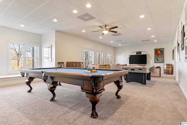 game room featuring pool table, a paneled ceiling, recessed lighting, and light carpet