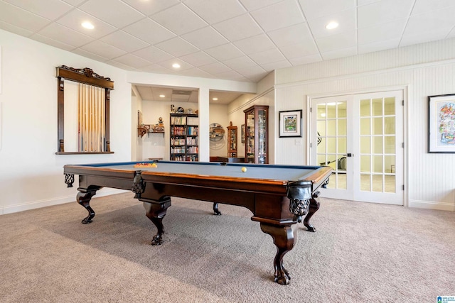 playroom with recessed lighting, french doors, baseboards, and carpet flooring